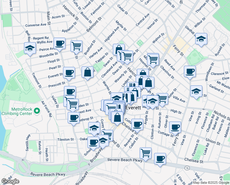 map of restaurants, bars, coffee shops, grocery stores, and more near 128 Linden Street in Everett