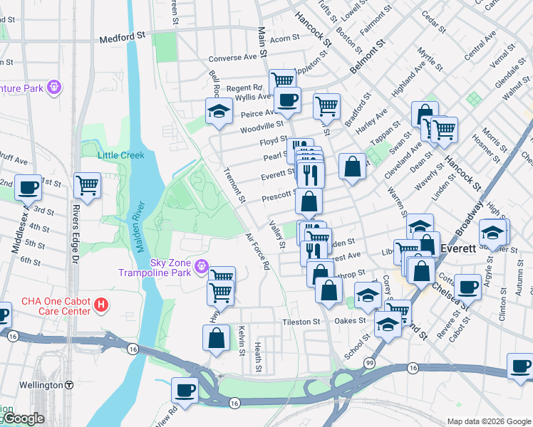 map of restaurants, bars, coffee shops, grocery stores, and more near 39 Tremont Street in Everett
