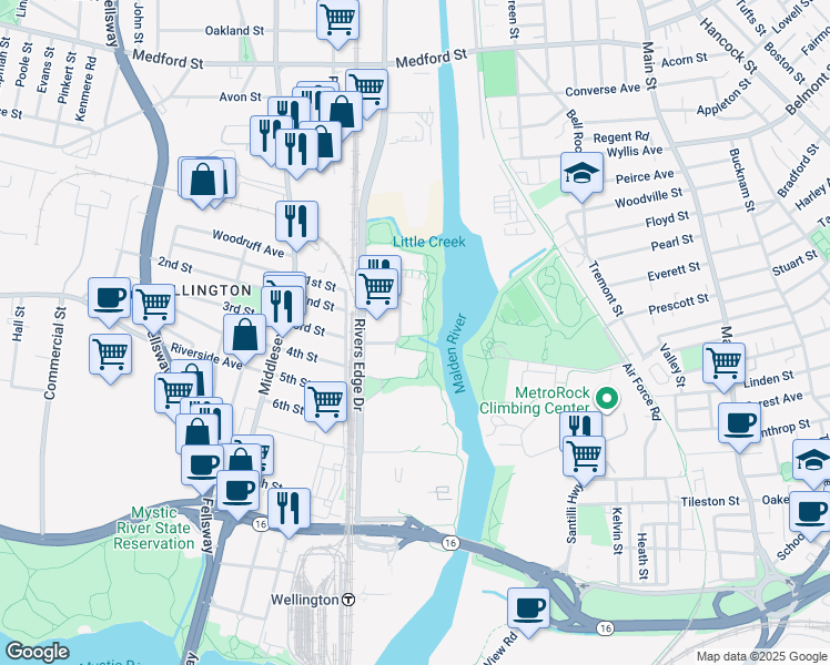 map of restaurants, bars, coffee shops, grocery stores, and more near 177 Rivers Edge Drive in Medford