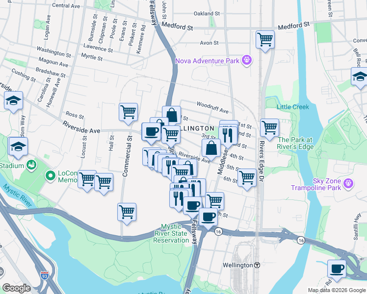 map of restaurants, bars, coffee shops, grocery stores, and more near 530 Riverside Avenue in Medford