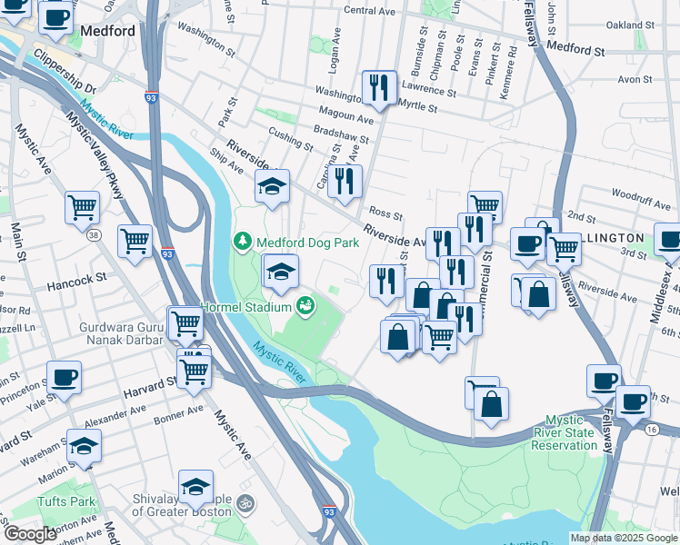 map of restaurants, bars, coffee shops, grocery stores, and more near 3600 Mystic Valley Parkway in Medford