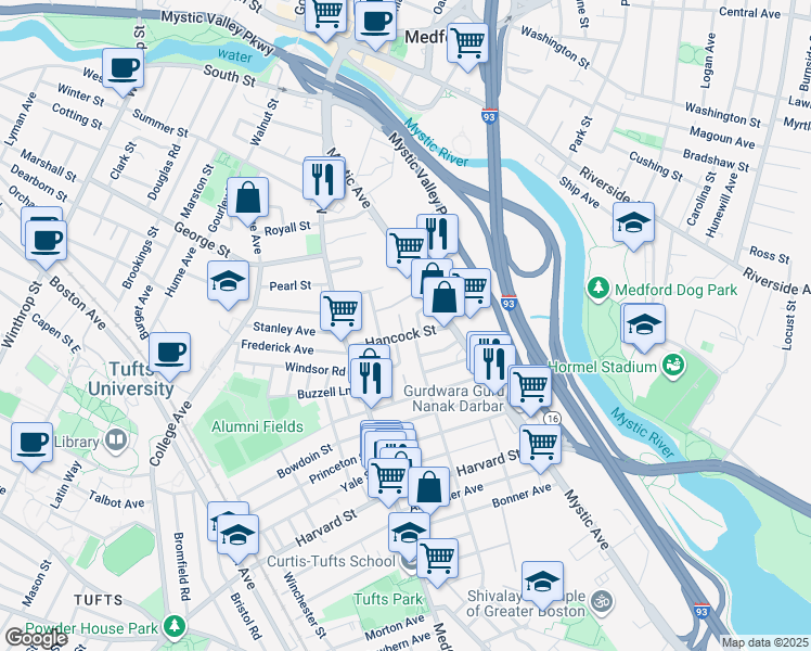 map of restaurants, bars, coffee shops, grocery stores, and more near 37 Hancock Street in Medford