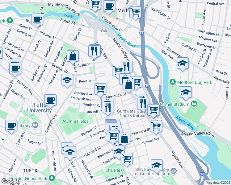 map of restaurants, bars, coffee shops, grocery stores, and more near 37 Hancock Street in Medford
