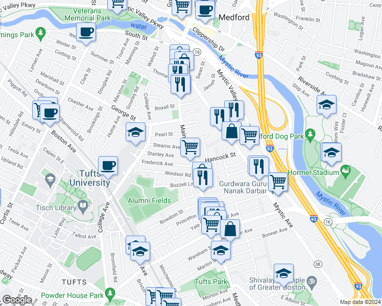 map of restaurants, bars, coffee shops, grocery stores, and more near 16 Stanley Avenue in Medford