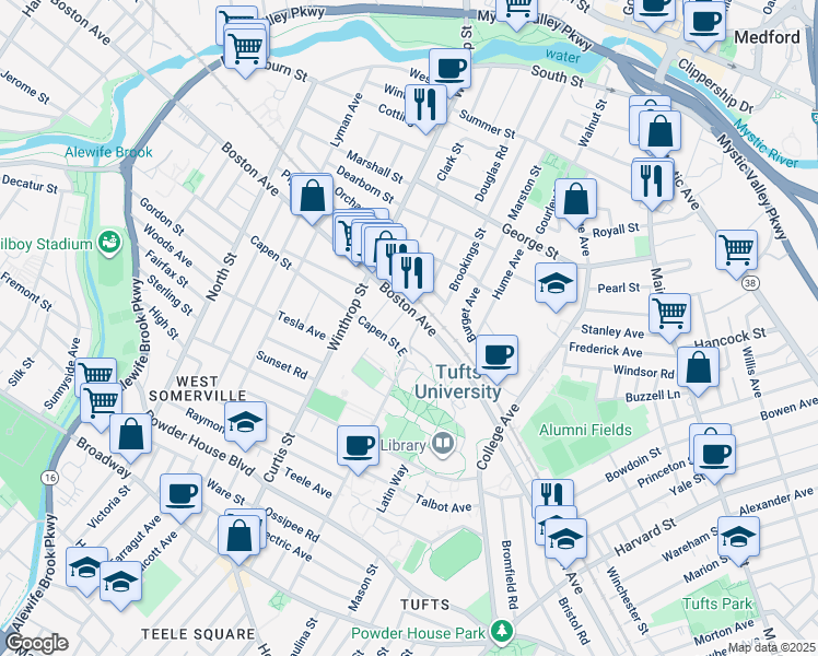 map of restaurants, bars, coffee shops, grocery stores, and more near 389 Boston Avenue in Medford
