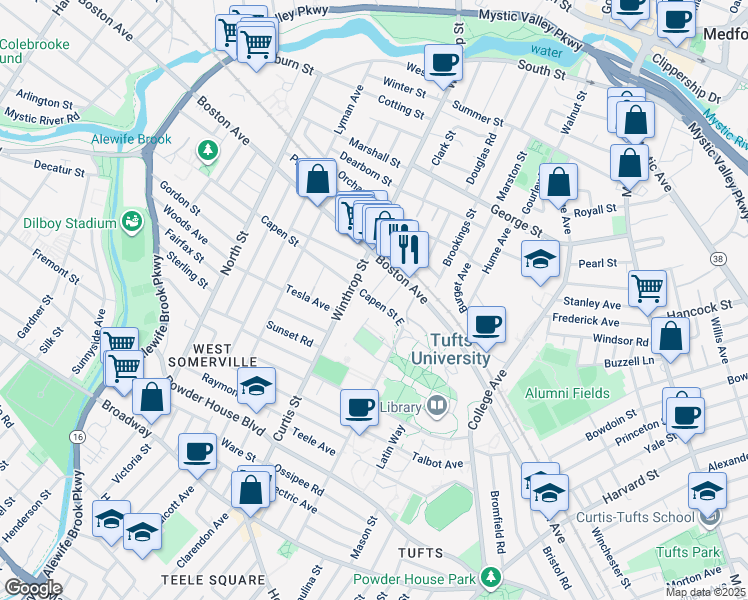 map of restaurants, bars, coffee shops, grocery stores, and more near 220 Packard Avenue in Medford