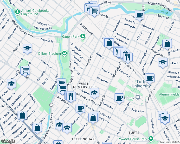 map of restaurants, bars, coffee shops, grocery stores, and more near 106 Adams Street in Somerville
