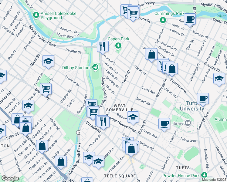 map of restaurants, bars, coffee shops, grocery stores, and more near 295 Alewife Brook Parkway in Somerville