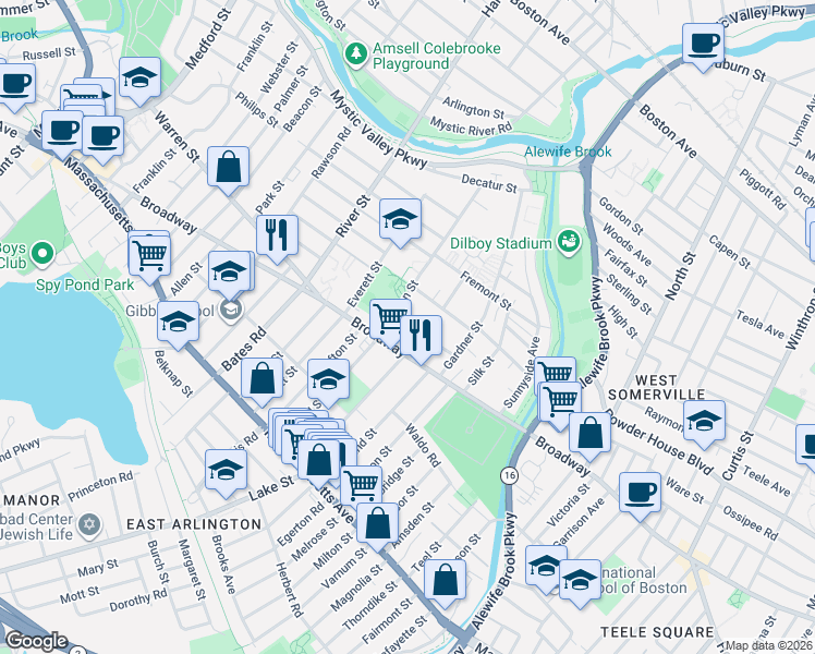 map of restaurants, bars, coffee shops, grocery stores, and more near 88 Broadway in Arlington