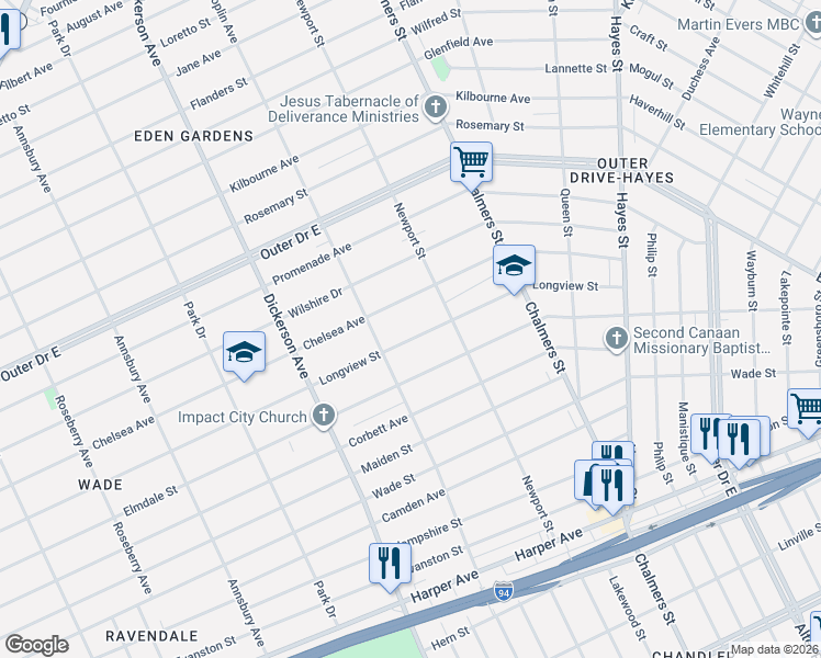 map of restaurants, bars, coffee shops, grocery stores, and more near 13376 Longview Street in Detroit