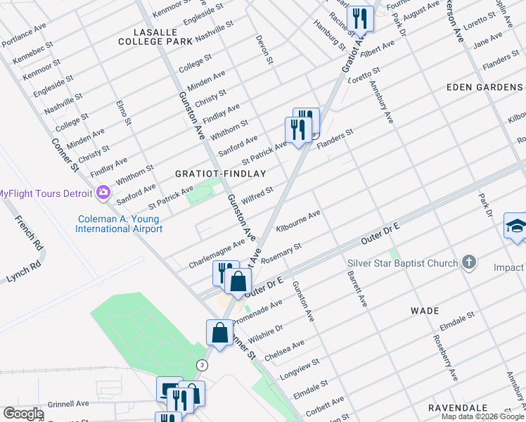 map of restaurants, bars, coffee shops, grocery stores, and more near 11187 Gratiot Avenue in Detroit
