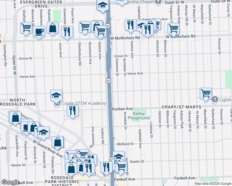 map of restaurants, bars, coffee shops, grocery stores, and more near 16158 Southfield Freeway in Detroit