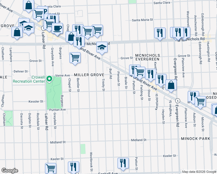 map of restaurants, bars, coffee shops, grocery stores, and more near 16216 Trinity Street in Detroit