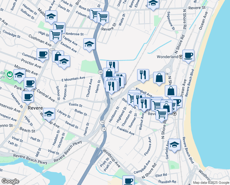 map of restaurants, bars, coffee shops, grocery stores, and more near 3a Everett Street in Revere