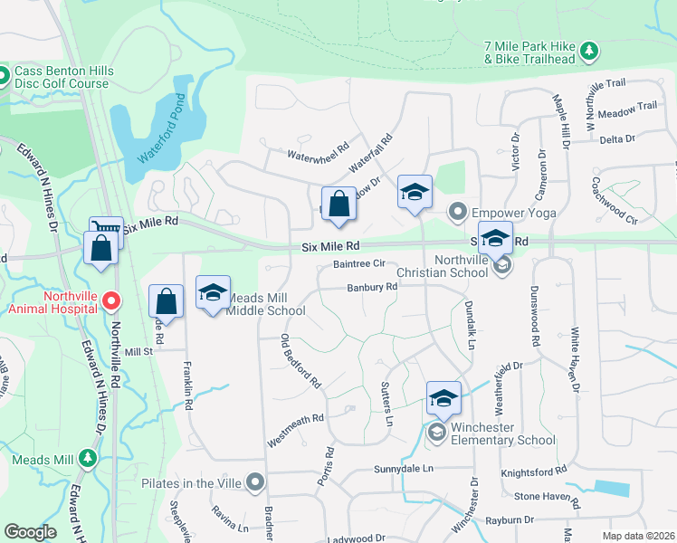 map of restaurants, bars, coffee shops, grocery stores, and more near 42080 Banbury Road in Northville