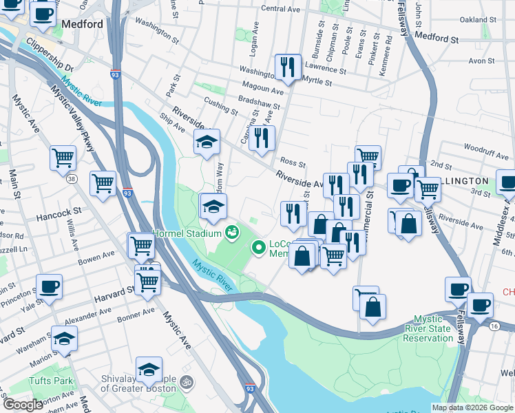 map of restaurants, bars, coffee shops, grocery stores, and more near 3600 Mystic Valley Parkway in Medford