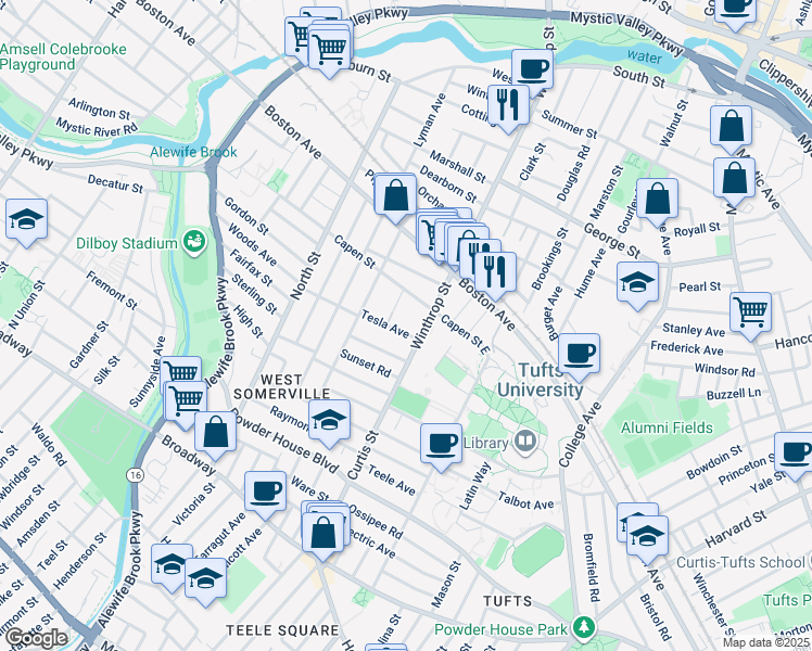 map of restaurants, bars, coffee shops, grocery stores, and more near 20 Tesla Avenue in Medford