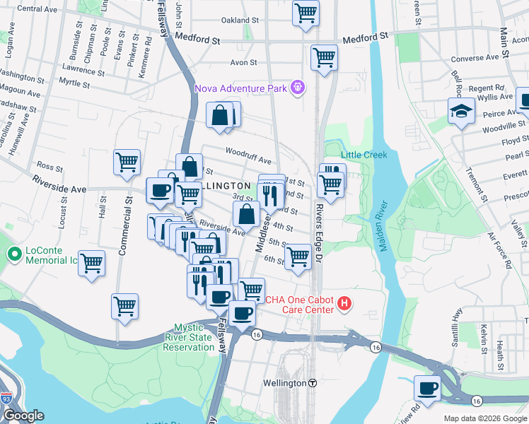 map of restaurants, bars, coffee shops, grocery stores, and more near 214A Middlesex Avenue in Medford