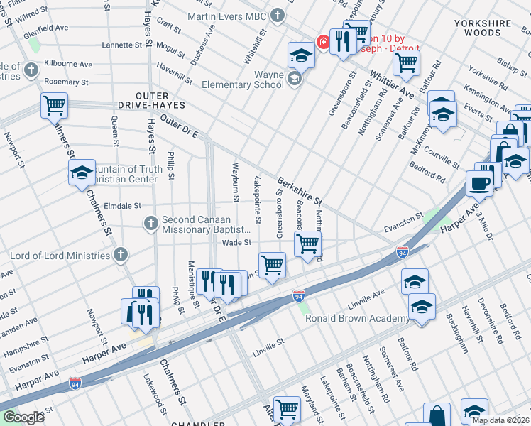 map of restaurants, bars, coffee shops, grocery stores, and more near 9445 Greensboro Street in Detroit