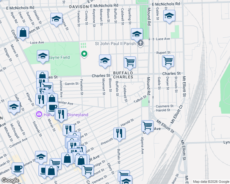 map of restaurants, bars, coffee shops, grocery stores, and more near 11965 Buffalo Street in Hamtramck