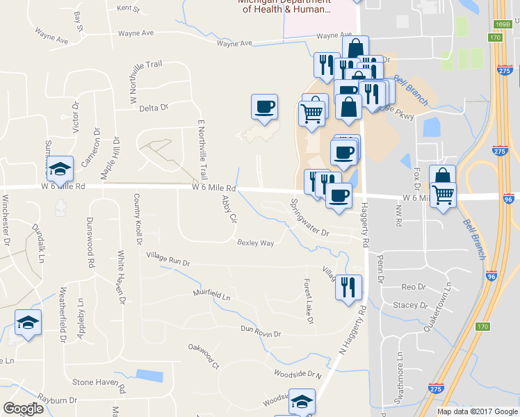 map of restaurants, bars, coffee shops, grocery stores, and more near 39671 Springwater Drive in Northville