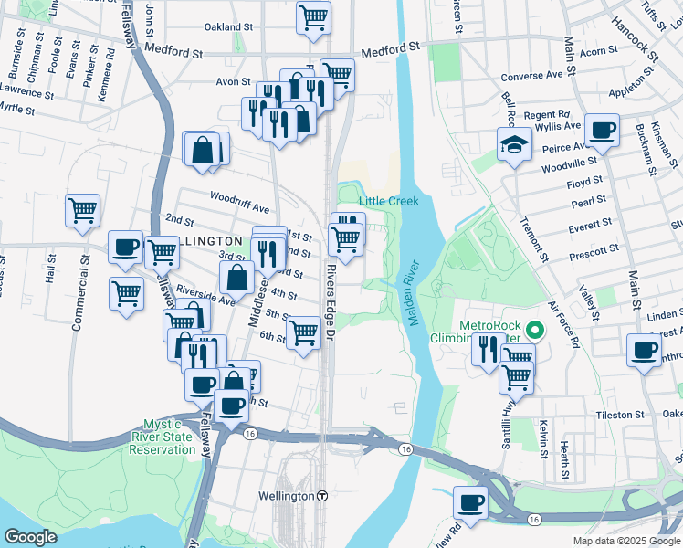 map of restaurants, bars, coffee shops, grocery stores, and more near 150 Rivers Edge Drive in Medford