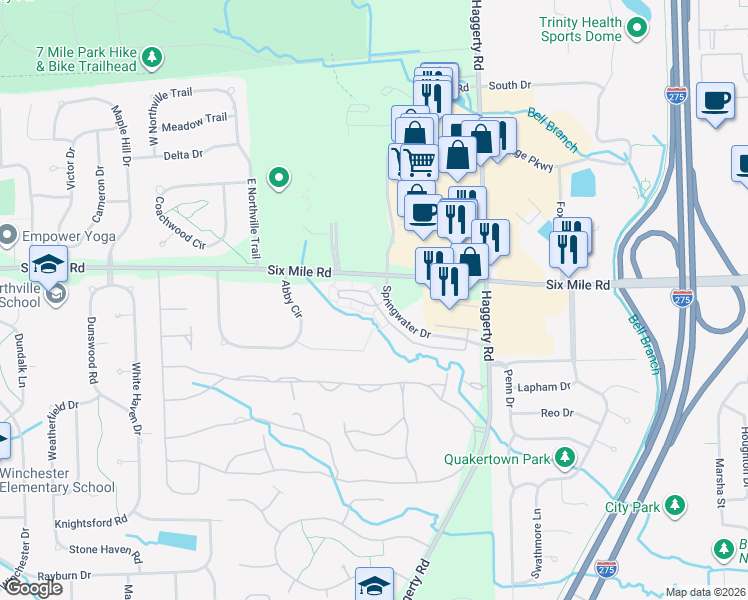 map of restaurants, bars, coffee shops, grocery stores, and more near 39793 Rockcrest Circle in Northville