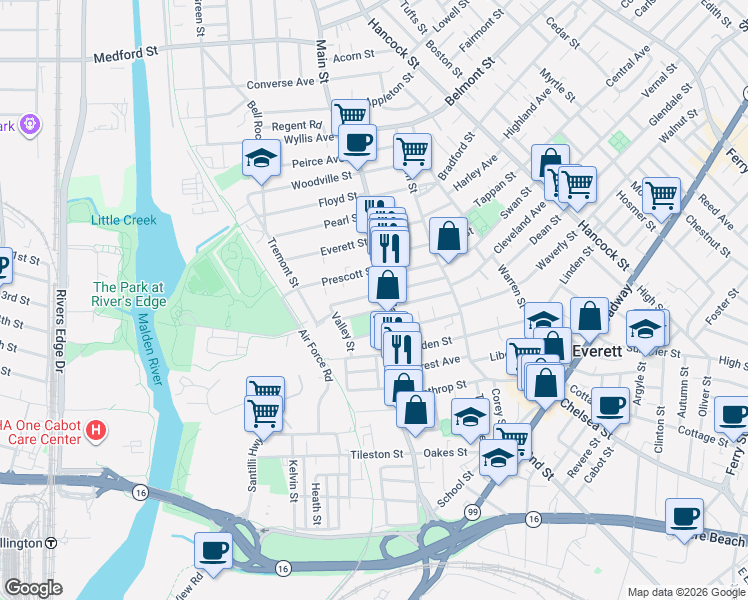 map of restaurants, bars, coffee shops, grocery stores, and more near 41 Clark Street in Everett