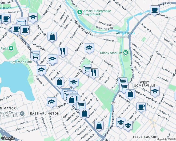 map of restaurants, bars, coffee shops, grocery stores, and more near 19 North Union Street in Arlington