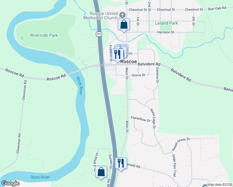 map of restaurants, bars, coffee shops, grocery stores, and more near 5432 Shamrock Lane in Roscoe