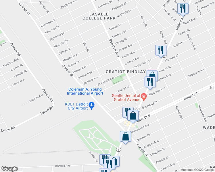 map of restaurants, bars, coffee shops, grocery stores, and more near 11411 Flanders Street in Detroit