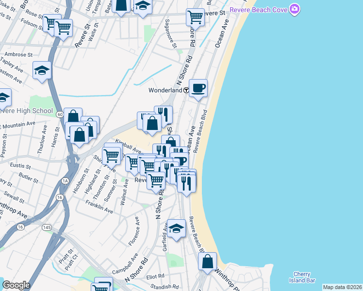 map of restaurants, bars, coffee shops, grocery stores, and more near 370 Ocean Avenue in Revere