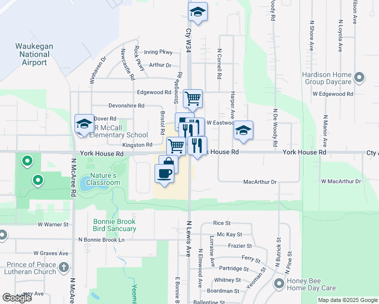 map of restaurants, bars, coffee shops, grocery stores, and more near N Lewis Ave & York House Rd in Waukegan