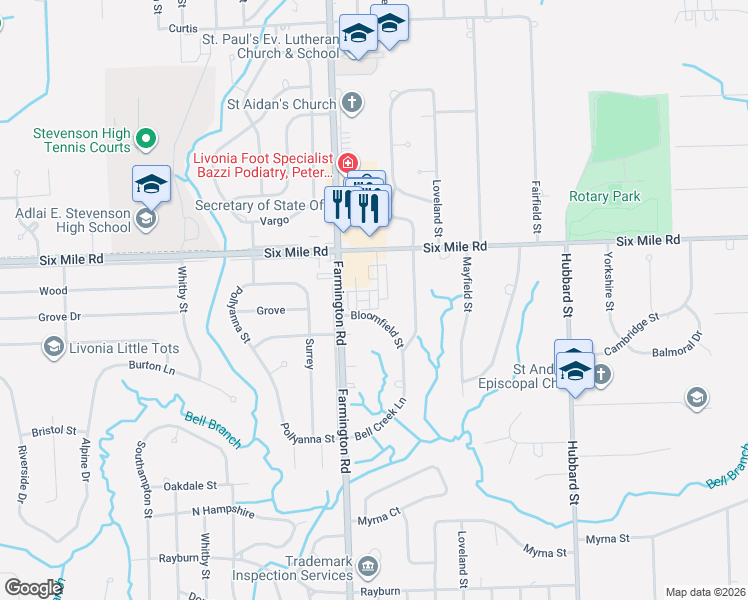 map of restaurants, bars, coffee shops, grocery stores, and more near 16783 Bloomfield Street in Livonia