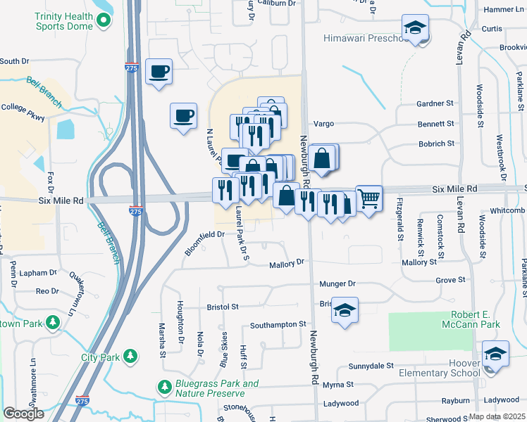 map of restaurants, bars, coffee shops, grocery stores, and more near 37799 Professional Center Drive in Livonia