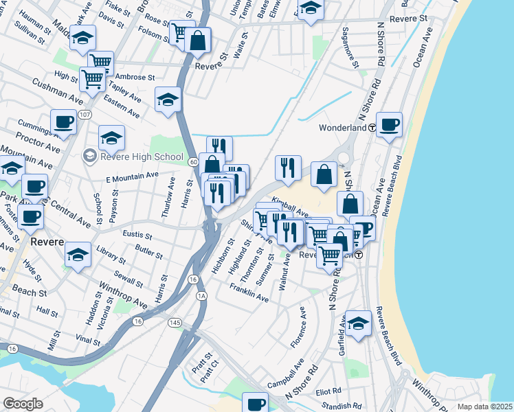 map of restaurants, bars, coffee shops, grocery stores, and more near 477 Beach Street in Revere