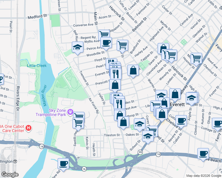 map of restaurants, bars, coffee shops, grocery stores, and more near 254 Main Street in Everett