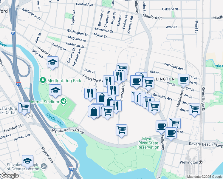 map of restaurants, bars, coffee shops, grocery stores, and more near 20 Hall Street in Medford