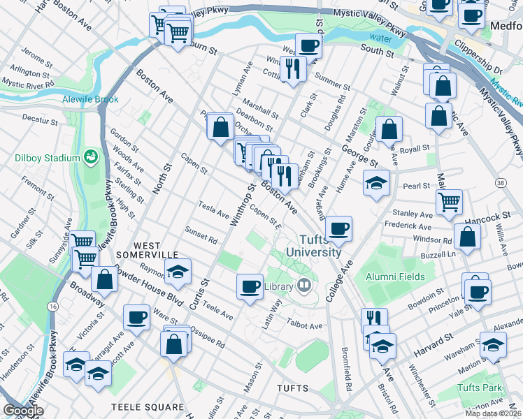 map of restaurants, bars, coffee shops, grocery stores, and more near 220 Packard Avenue in Medford