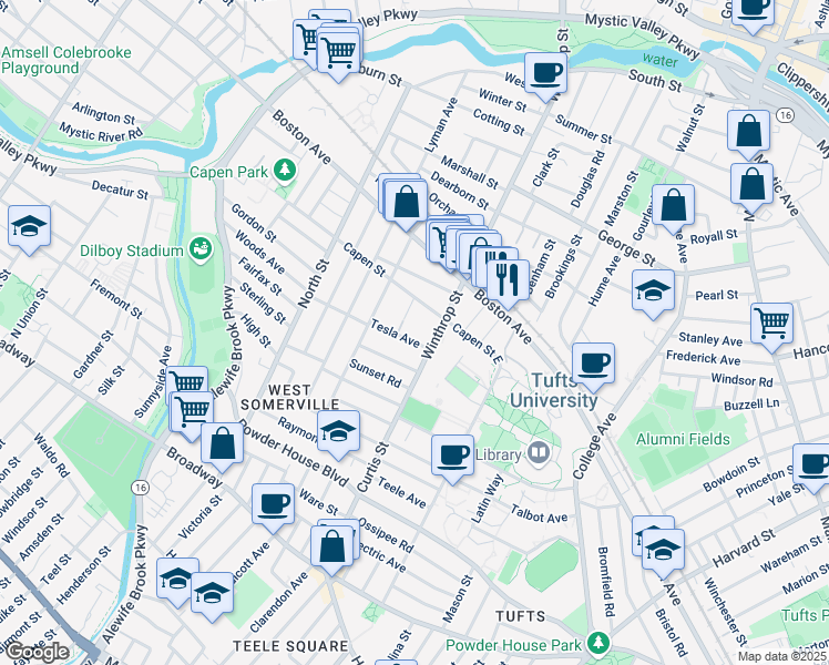 map of restaurants, bars, coffee shops, grocery stores, and more near 20 Tesla Avenue in Medford