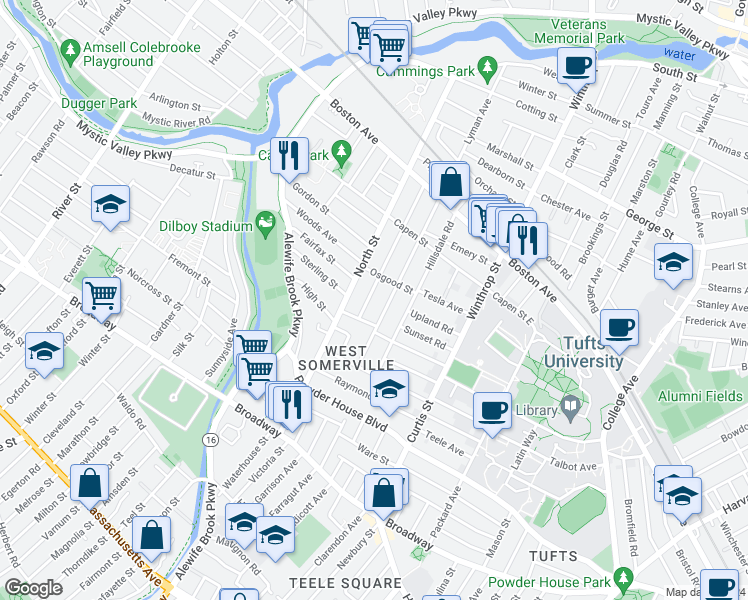 map of restaurants, bars, coffee shops, grocery stores, and more near 106 Adams Street in Somerville