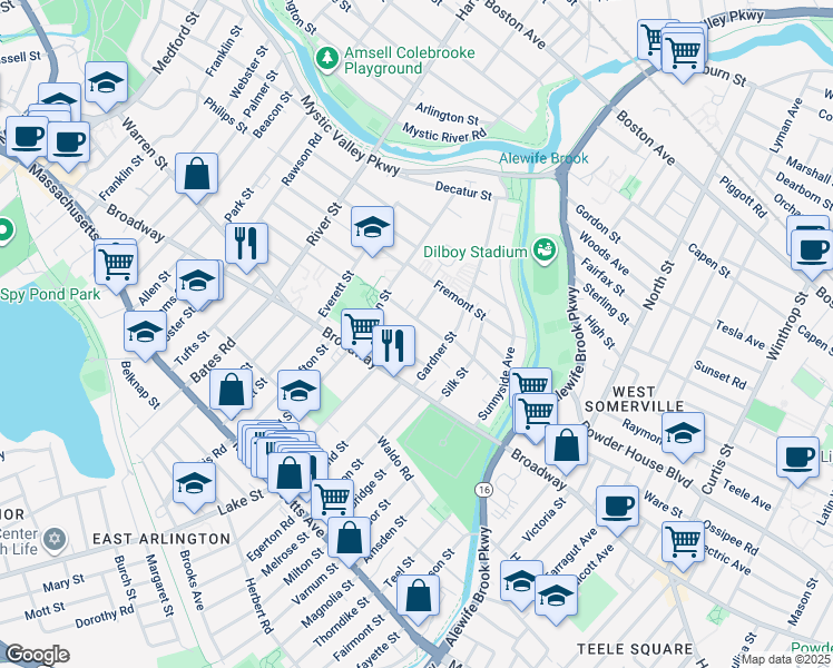 map of restaurants, bars, coffee shops, grocery stores, and more near 35 Hilton Street in Arlington