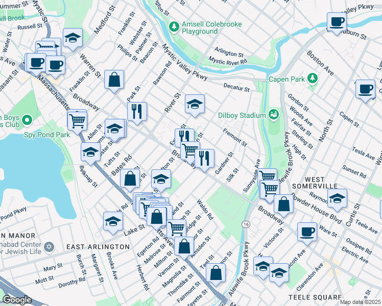 map of restaurants, bars, coffee shops, grocery stores, and more near 88 Broadway in Arlington