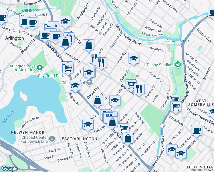 map of restaurants, bars, coffee shops, grocery stores, and more near 80 Everett Street in Arlington