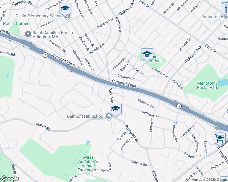 map of restaurants, bars, coffee shops, grocery stores, and more near 265 Rutledge Road in Belmont