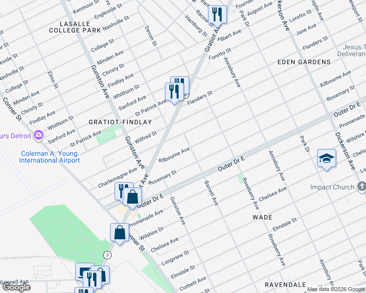 map of restaurants, bars, coffee shops, grocery stores, and more near 11832 Kilbourne Avenue in Detroit