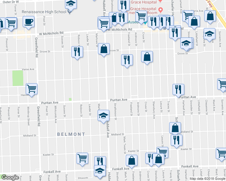 map of restaurants, bars, coffee shops, grocery stores, and more near 16127 Strathmoor Street in Detroit