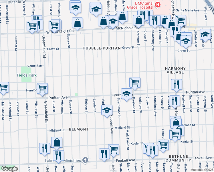 map of restaurants, bars, coffee shops, grocery stores, and more near 16126 Marlowe Street in Detroit