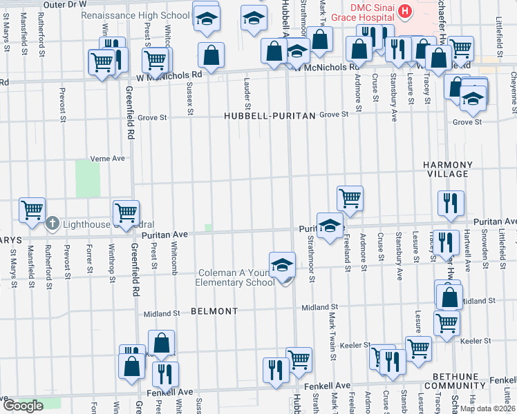 map of restaurants, bars, coffee shops, grocery stores, and more near 16126 Lauder Street in Detroit