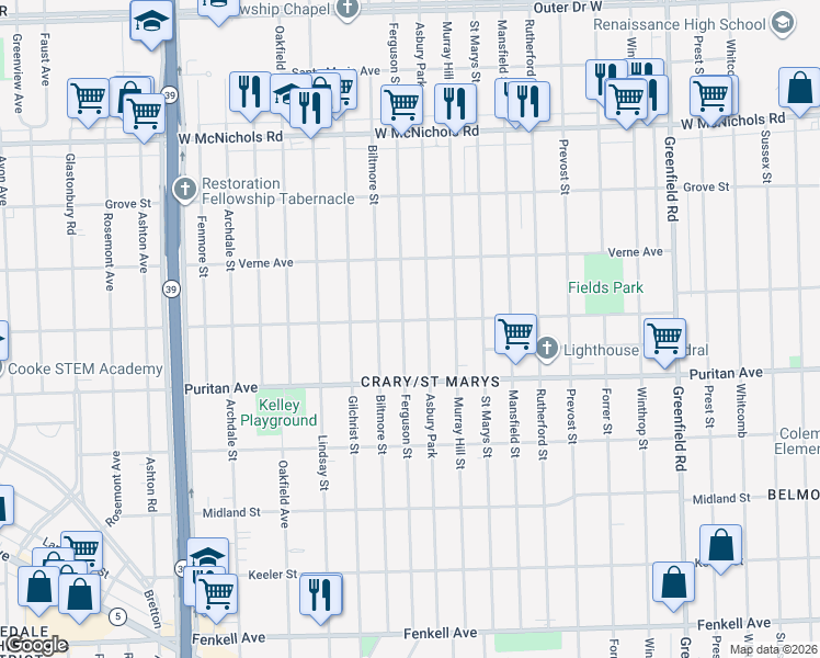 map of restaurants, bars, coffee shops, grocery stores, and more near 16160 Ferguson Street in Detroit